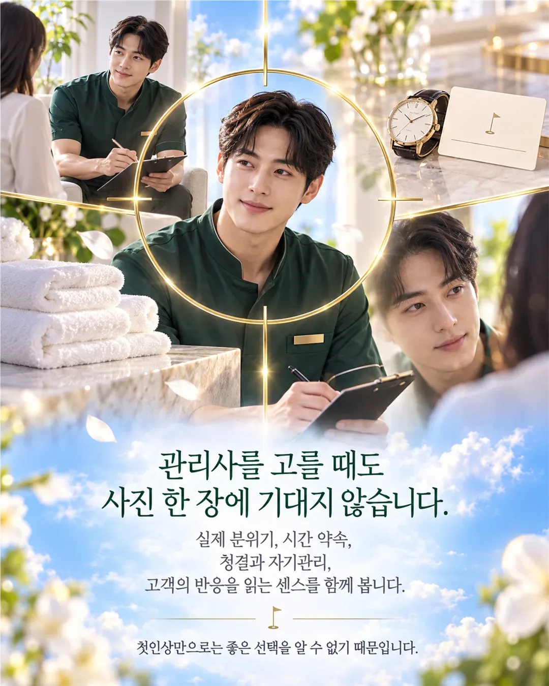 사진과 상담 장면을 함께 보여주는 홀인원 브랜드 이미지