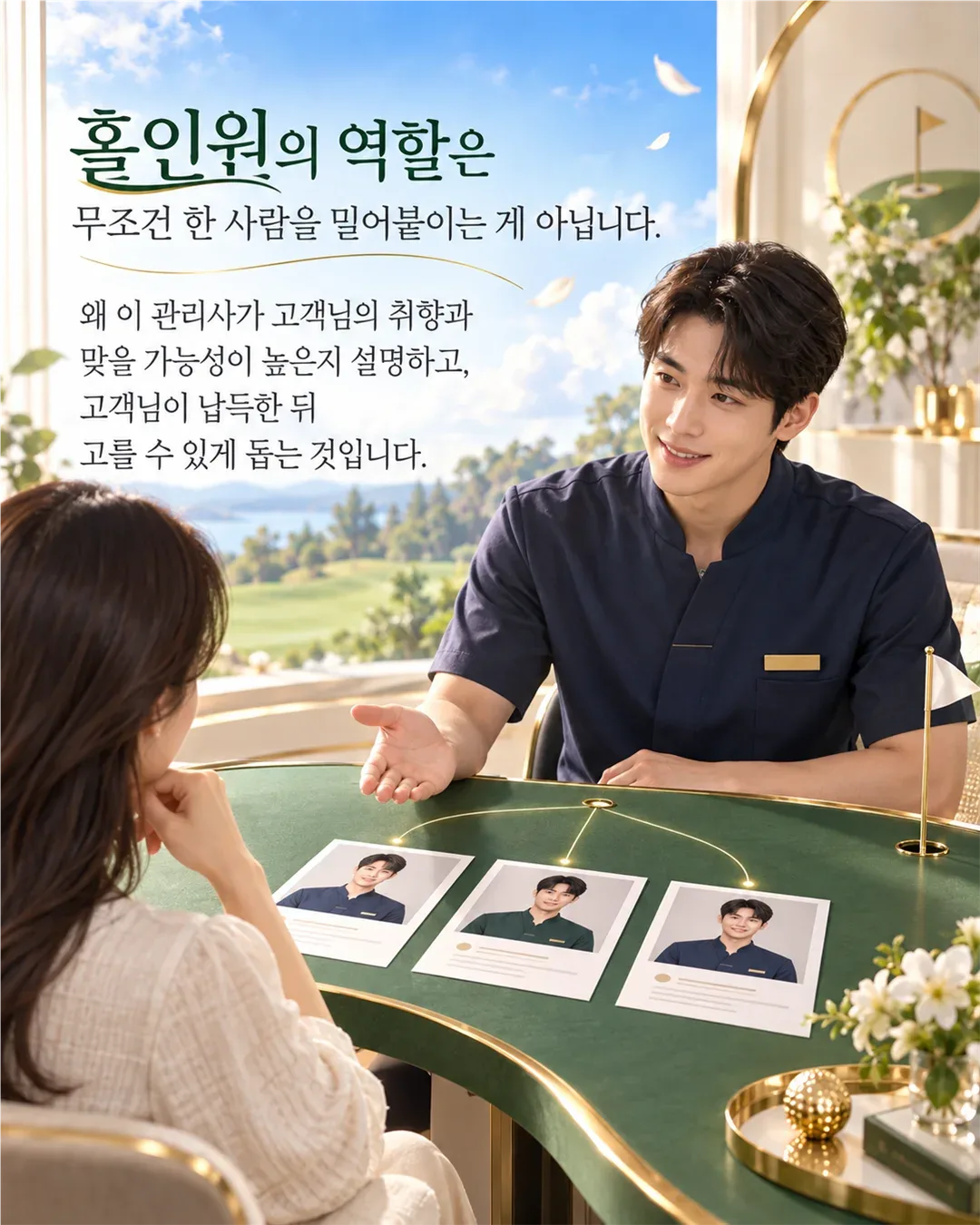 관리사 후보와 취향을 상담하는 홀인원 브랜드 이미지