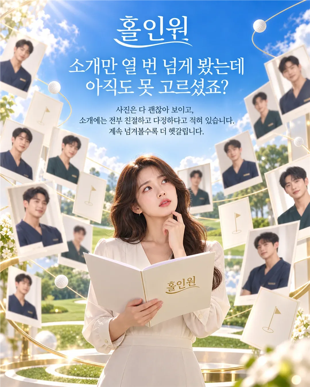 소개 사진 사이에서 후보를 살펴보는 홀인원 브랜드 이미지