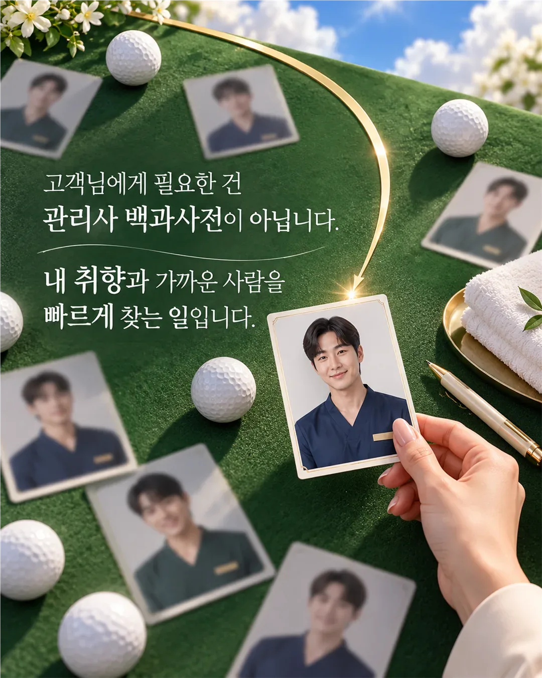 취향에 가까운 관리사 후보를 고르는 홀인원 브랜드 이미지
