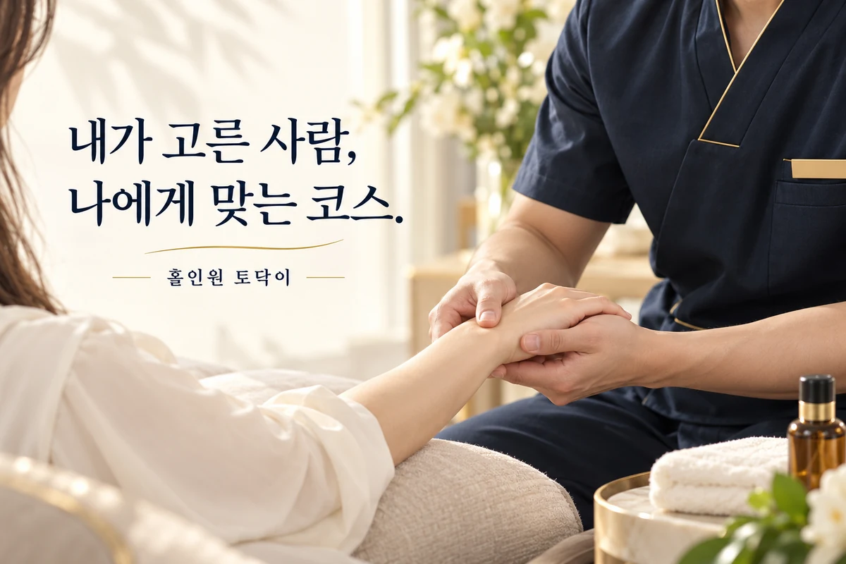 홀인원 토닥이 손·팔 마사지 장면과 내가 고른 사람, 나에게 맞는 코스 문구